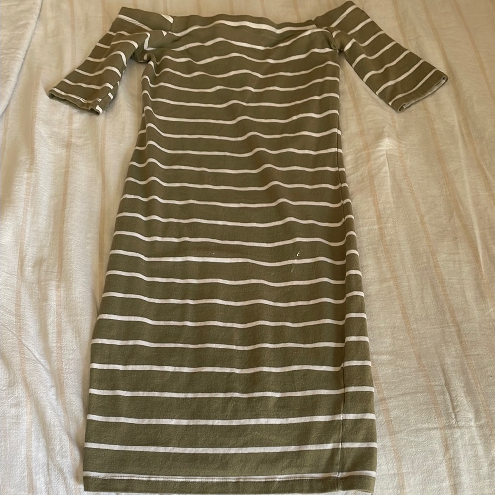 Striped Olive Green Off-Shoulder Dress